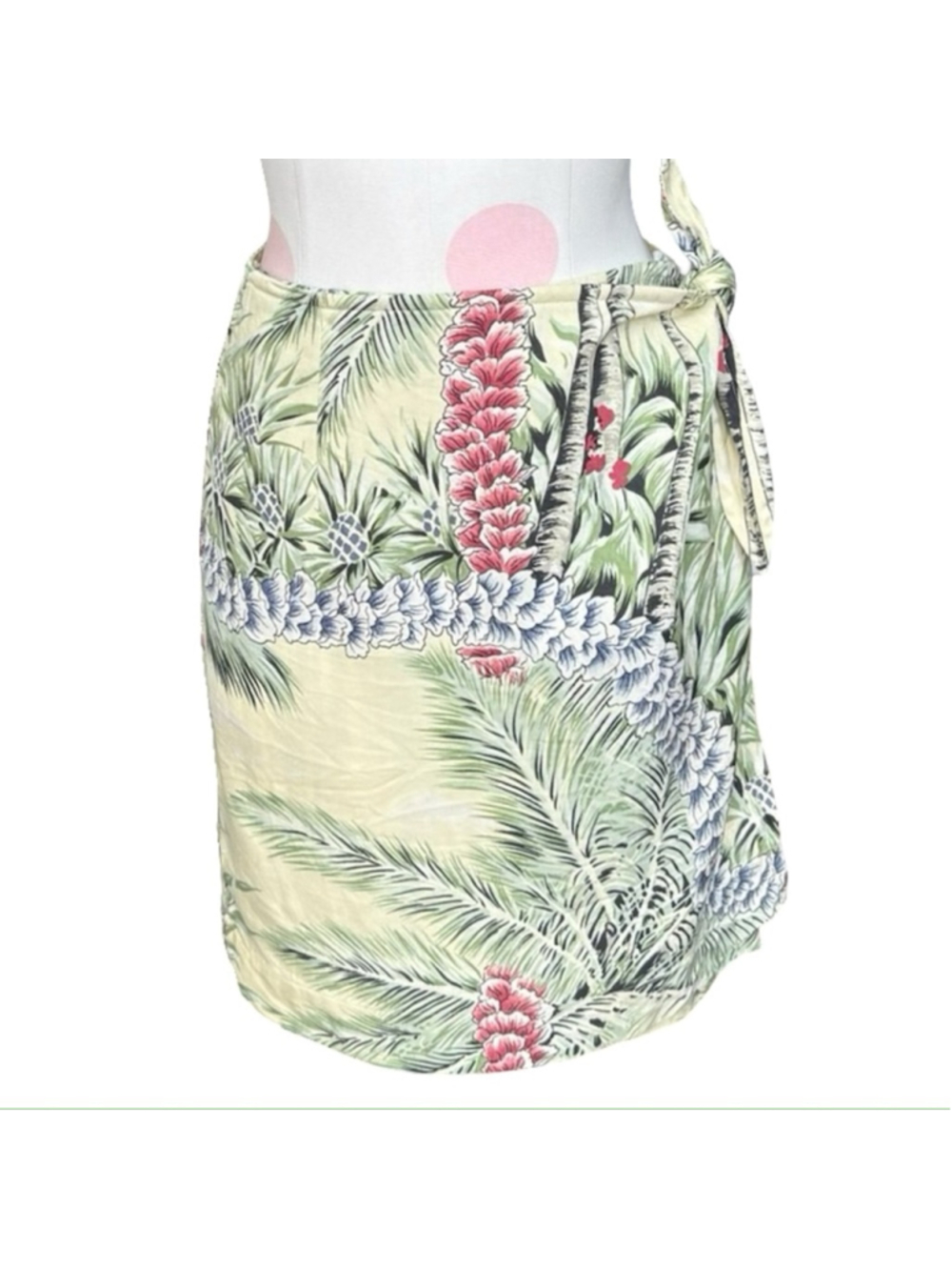 Hawaiian Silk Wrap Skirt Tommy Bahama Palm Floral Mini - green pink -small - Picture 2 of 12